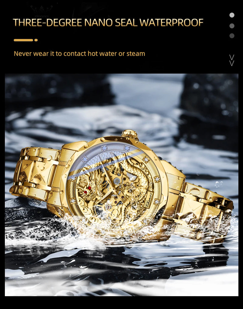 Gold Stainless steel 3D embossed dragon pattern automatic mechanical watch for Men