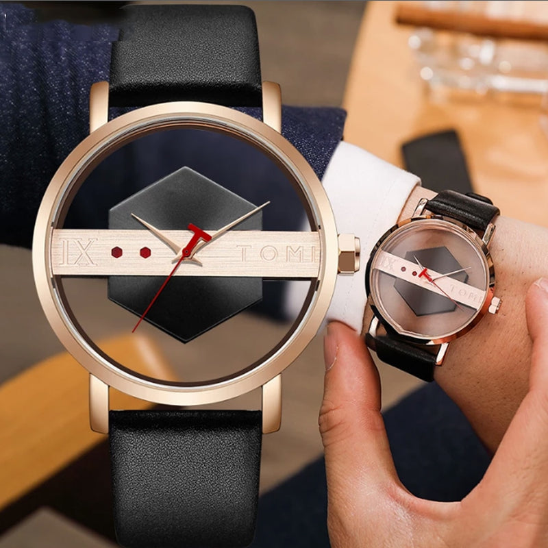 Stainless Steel Leather Half Transparent Unisex Watch