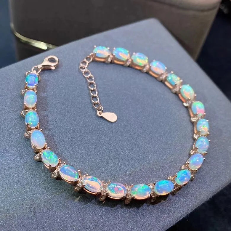 925 Sterling Silver Natural Sapphire/Opal Gemstone Bracelet for Women