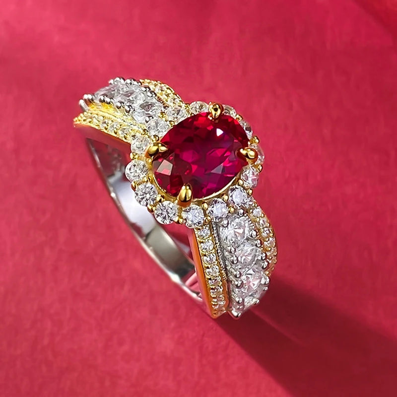 18K Gold Plated Sterling Silver Oval Ruby and Diamond Ring for Women