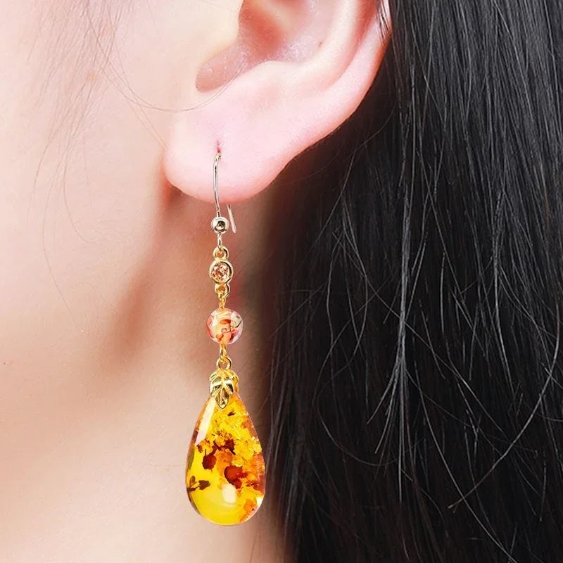 Sterling Silver Amber Dangle Earrings for Woman