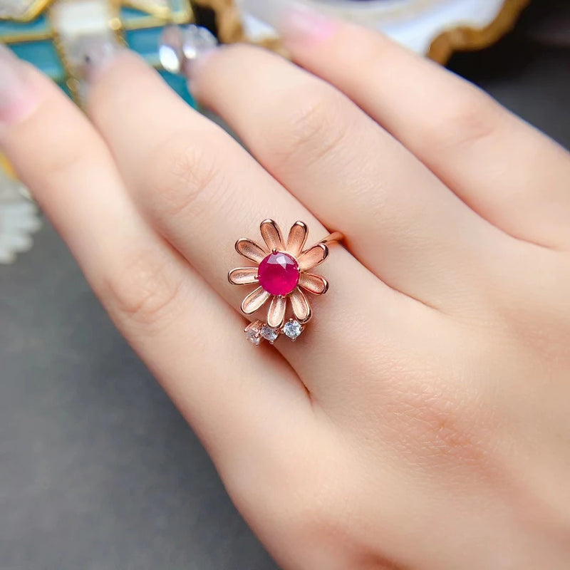 925 Sterling Silver Natural Ruby Flower Ring for Women