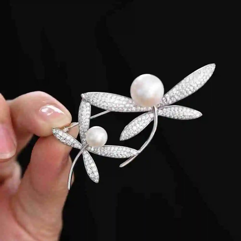 925 Sterling Silver Freshwater Pearl, Sapphire, Diamond Leaves Brooches for Engagement Fine Jewelry