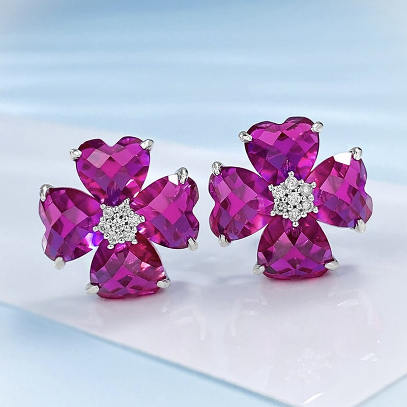 Sterling Silver Flower Ruby and Diamond Earrings for Women