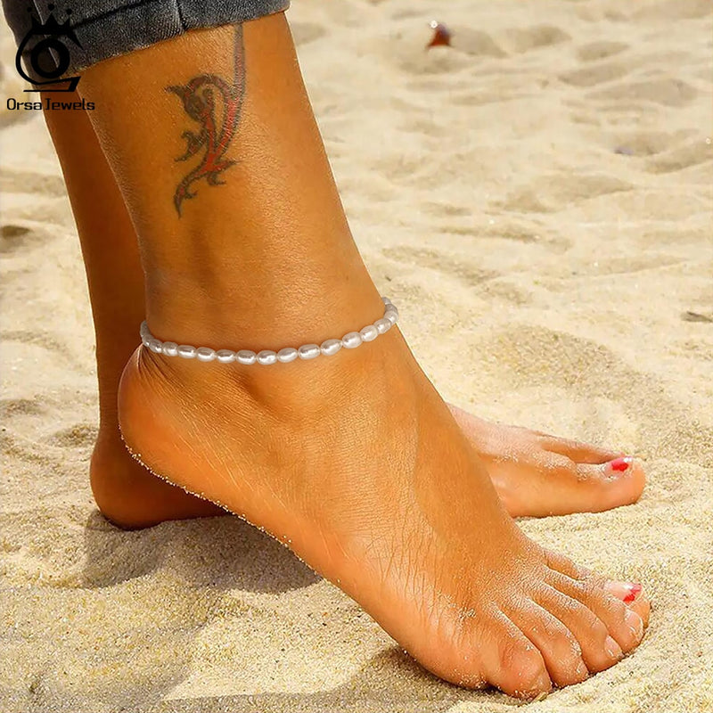 925 Sterling Silver Natural Rice Pearls Anklets for Women