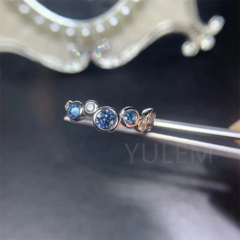 925 Sterling Silver Blue Moissanite Band Ring, 4mm & 3mm, for Women