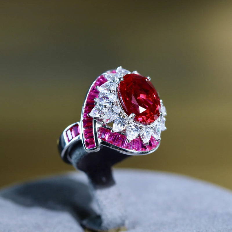 Sterling Silver Oval Cut Ruby High Carbon Diamonds Ring