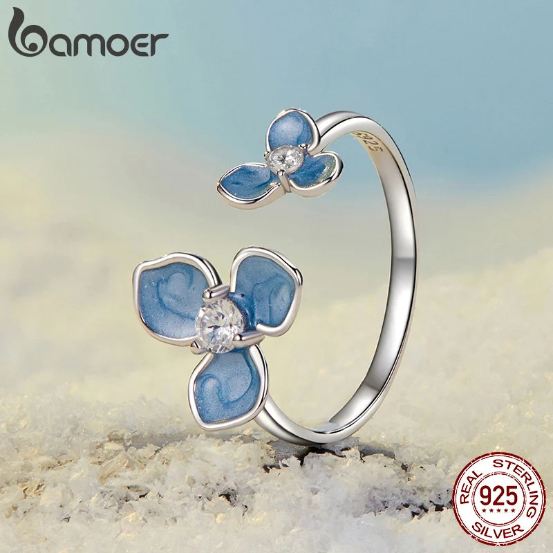 Sterling Silver Blue Flower Adjustable Ring for Her