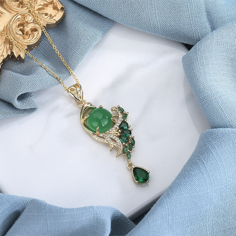 Gold Wind Green Crystal Phoenix Necklace with Chalcedony Pendant for Women