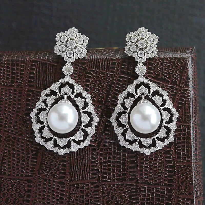 Sterling Silver Zircon Shell Pearl Earrings for Women