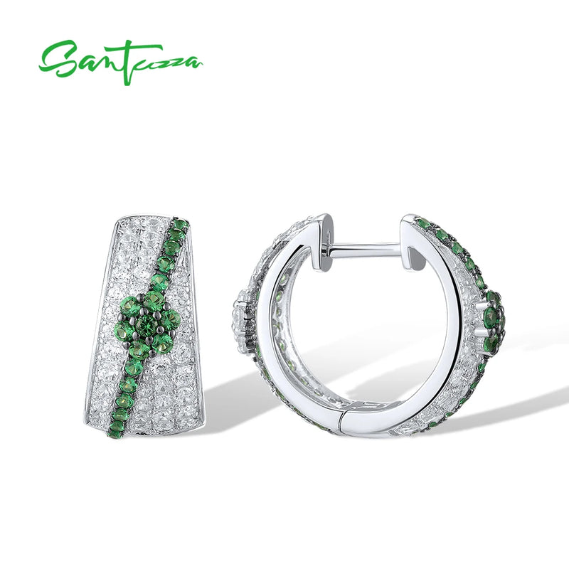 925 Sterling Silver Clip Earrings with White CZ and Green Spinel