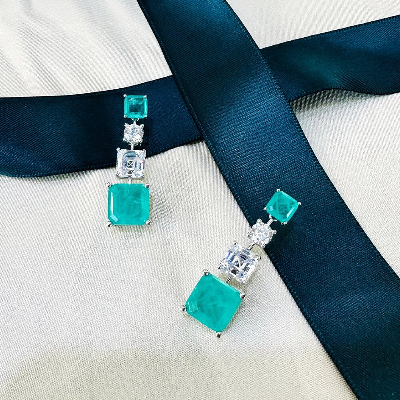 925 Sterling Silver Asscher Cut Lab Citrin Paraiba Tourmaline Sapphire Dangle Earrings for Women