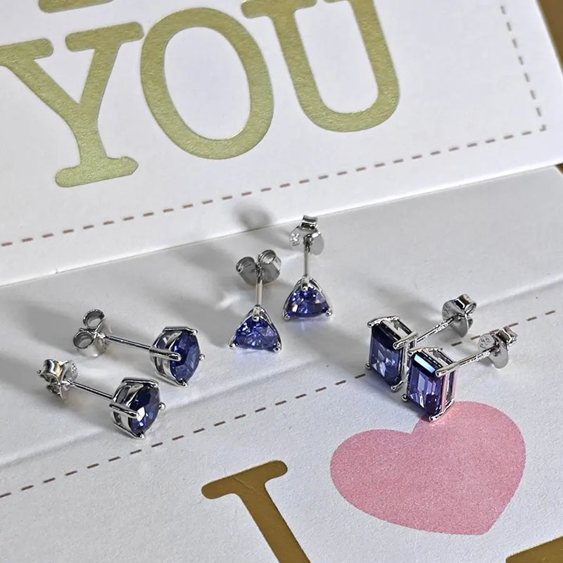 925 Sterling Silver Tanzanite Blue Stud Earrings with 5A Zircon for Women