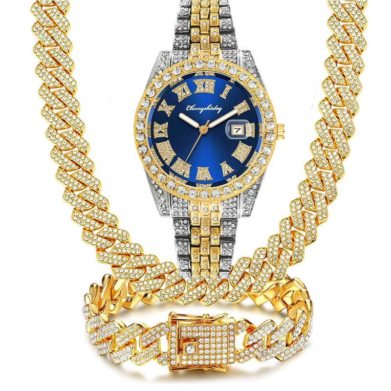 Gold Silver Diamond Iced Out Cuban Chain Watch and Jewelry Set for Men