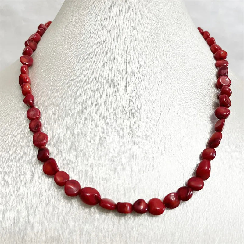 Sterling Silver Irregular Nugget Red Coral Necklace, Genuine Natural Stone, 1.5-2 ctw for Women