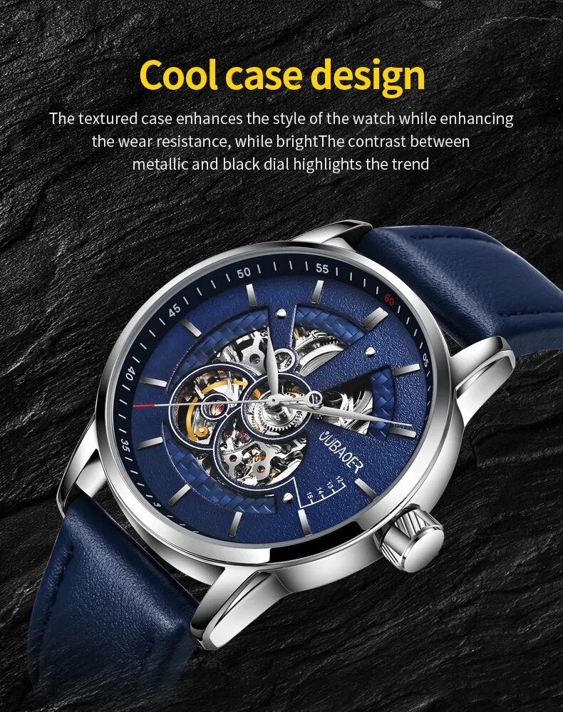 Stainless Steel Leather Automatic Mechanical Watch for Men