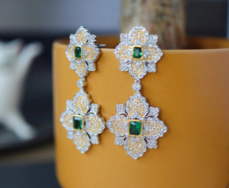 925 Silver White Zircon Emerald Drop Earrings for Women