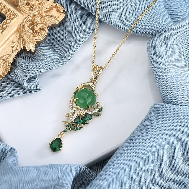 Gold Wind Green Crystal Phoenix Necklace with Chalcedony Pendant for Women