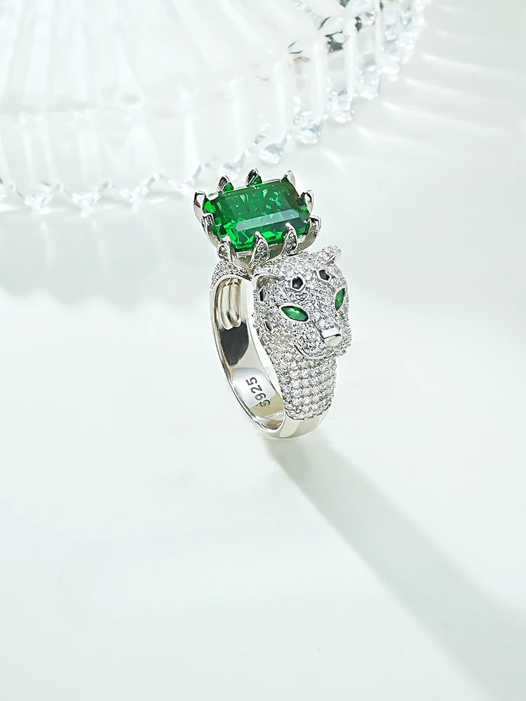 925 Sterling Silver Artificial Emerald and Diamond Leopard Ring Set for Women