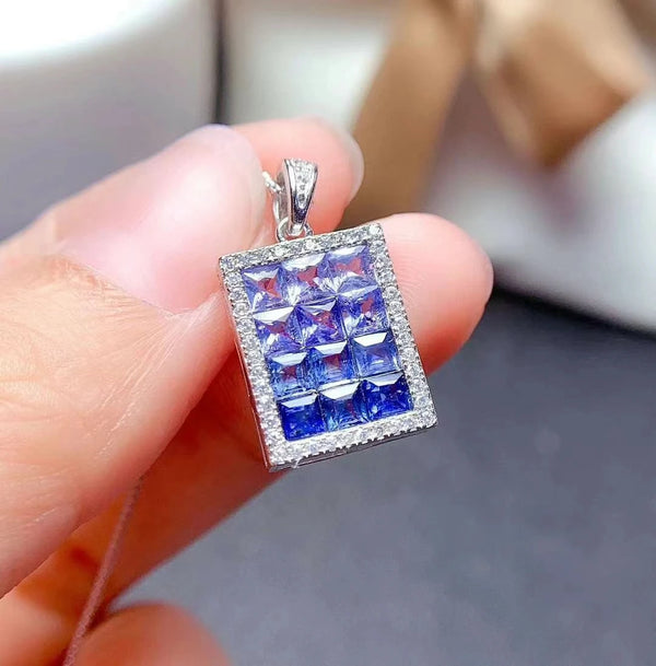 925 Sterling Silver Natural Sapphire Tanzanite Rectangle Pendant Necklace for Women