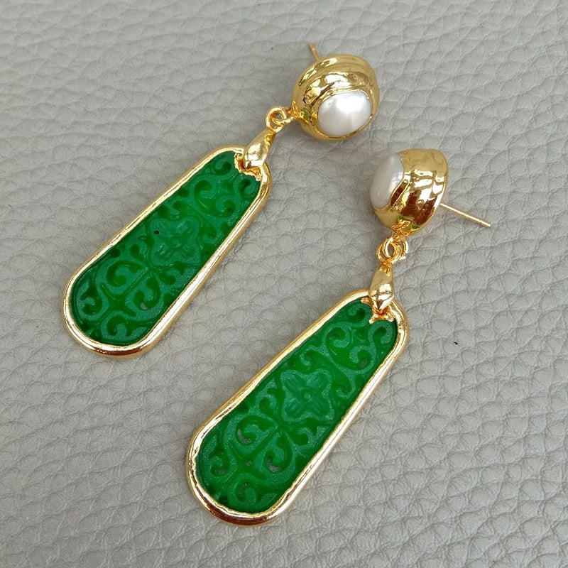 Gold Plated Carved Green Jade and Freshwater Cultured White Pearl Drop Earrings for Women