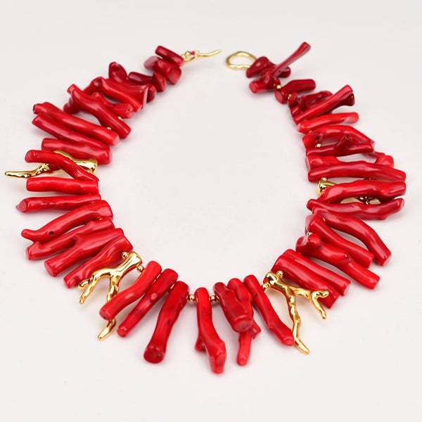 Gold Filled Natural Red Coral Branch Pendant Necklace for Women