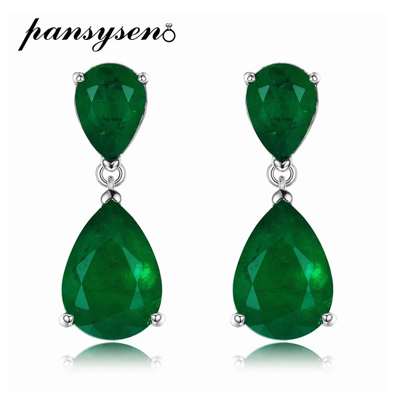 925 Sterling Silver Pear Cut Emerald Dangle Drop Earrings for Women