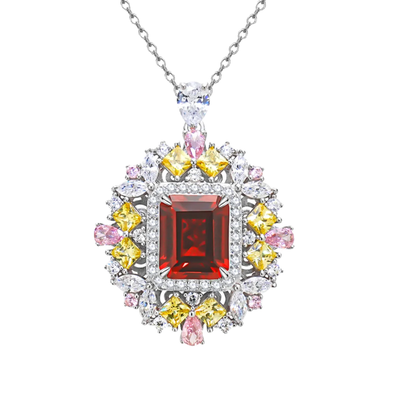 925 Sterling Silver Emerald Cut Red Gemstone Pendant Set for Women