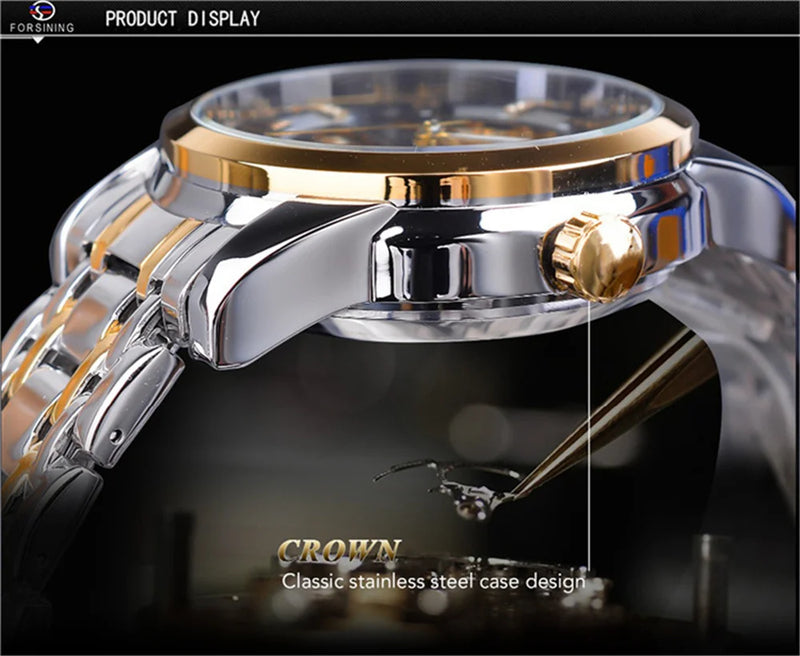 Stainless Steel Mechanical Skeleton Wristwatch for Men