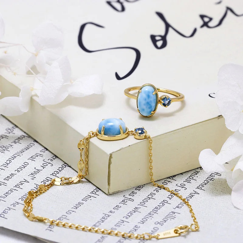 925 Sterling Silver Light Gold Plated Larimar Topaz Ring for Women