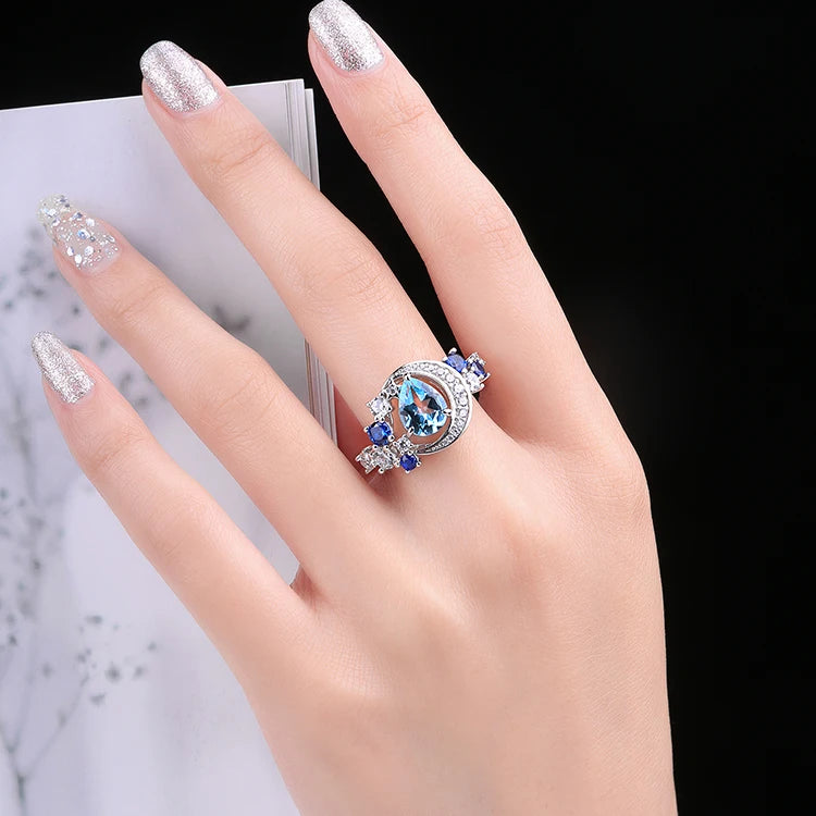 925 Sterling Silver Sky Blue Topaz Sapphire Statement Ring for Woman