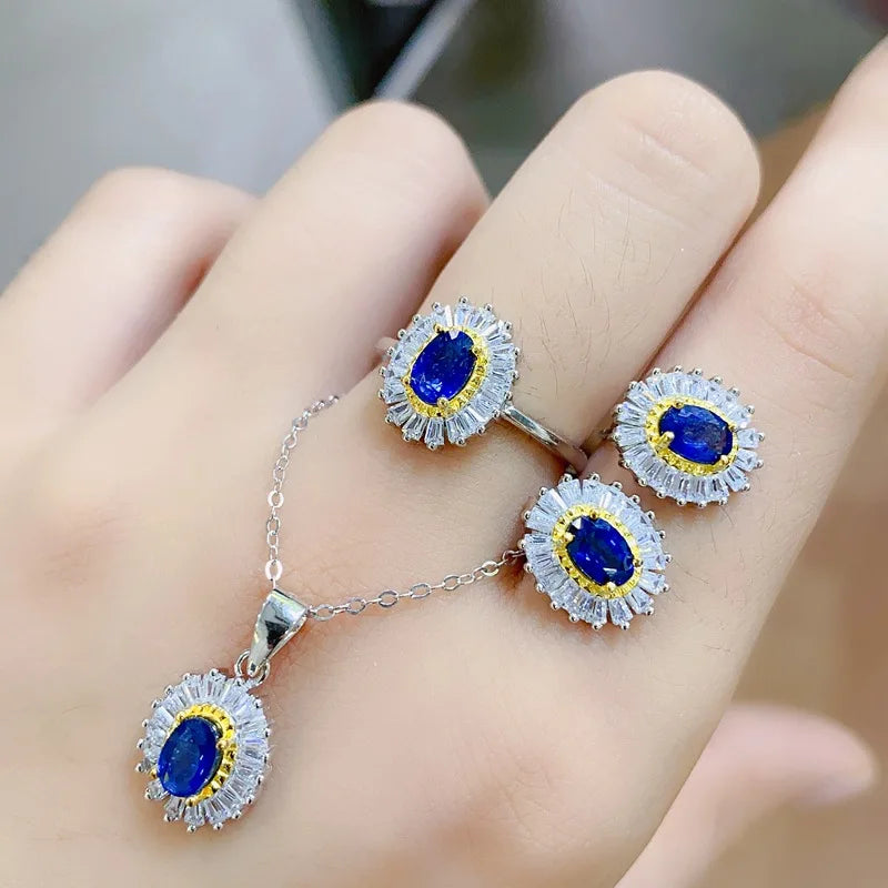 Sterling Silver Natural Sapphire 4mm x 6mm Sunflower Jewelry Set for Women