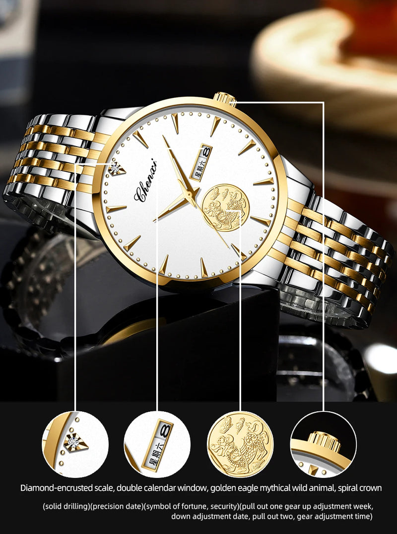 Stainless Steel Luxury Luminous Quartz Sport Wrist Watch with Date for Men