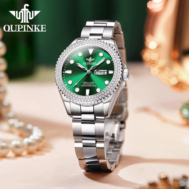 OUPINKE Top Brand Women's Watches Green 100m Waterproof Precision Steel Strap Automatic Mechanical Watch For Lady Dual Calendar