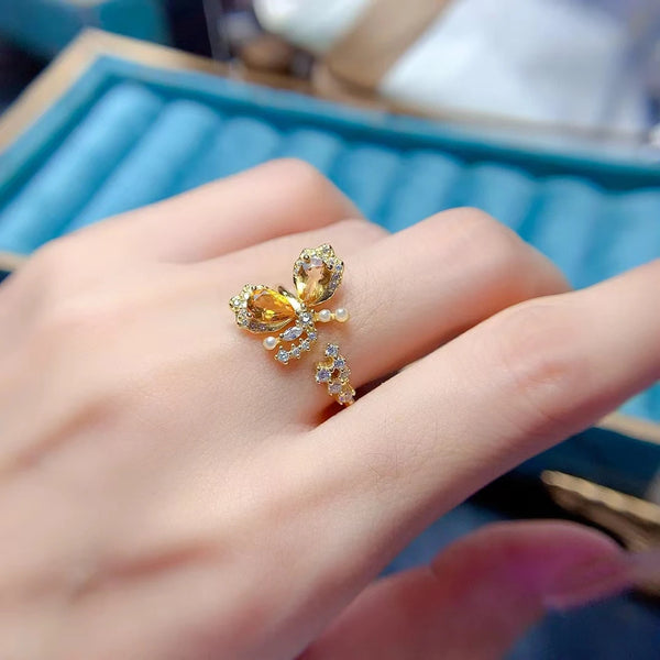 925 Sterling Silver Citrine Gemstone Butterfly Ring for Women