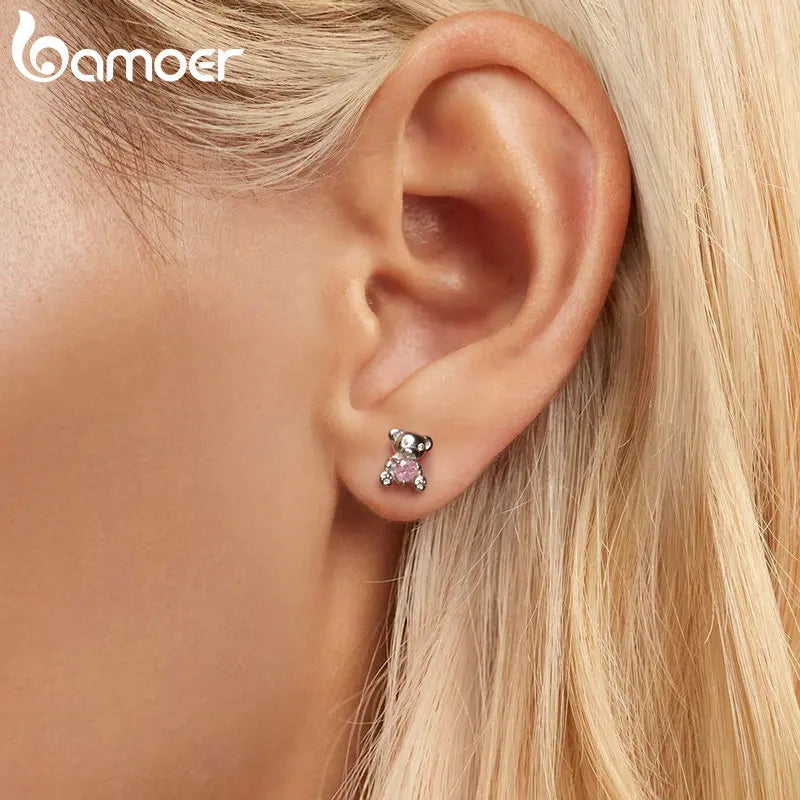 Solid 925 Sterling Silver Bear Stud Earrings for Women