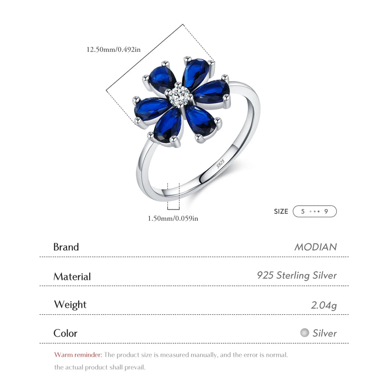 Sterling Silver Blue Water Drop Flower Ring for Women