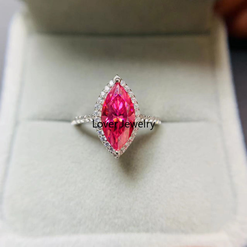 Silver 925 1-2 ctw Brilliant Cut Diamond & Pink Marquise Moissanite Ring for Women