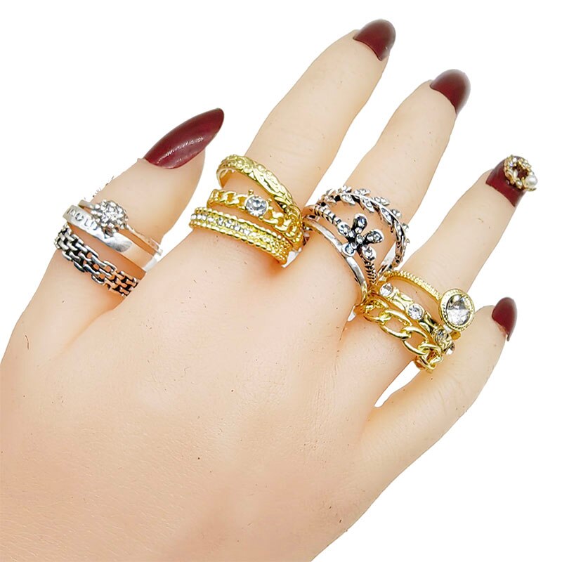 Gold Finger Rings Set with Rhinestones and Leaf/Flower Designs for Women