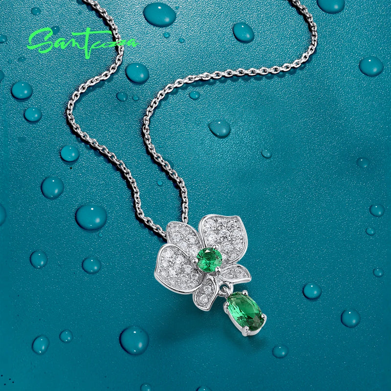 Sterling Silver Pendant with Green Spinel and Cubic Zirconia for Women