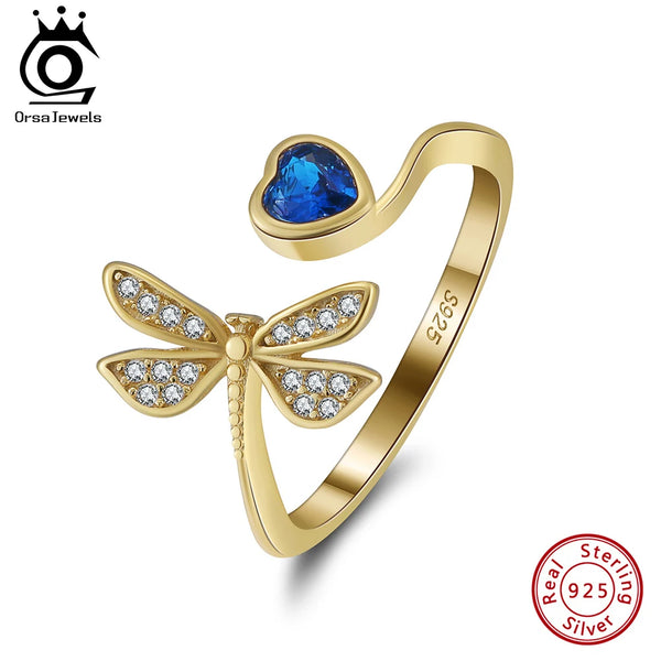 925 Silver Dragonfly Open Ring with Sweet Heart Created Sapphire for Women