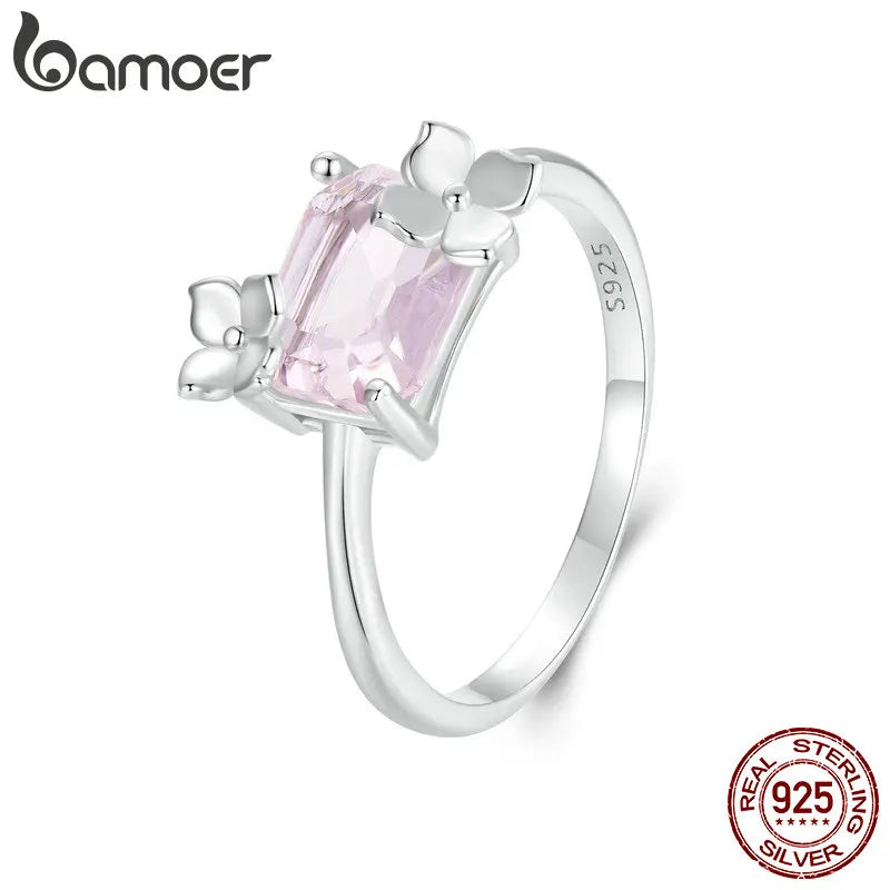 925 Sterling Silver Flower Ring with Square Stone for Women