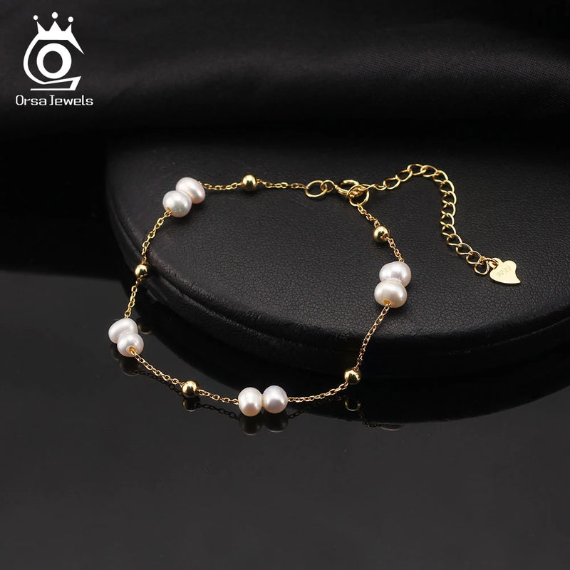 925 Sterling Silver Pearl Chain Bracelet with 14K Gold Pearl Beads for Women