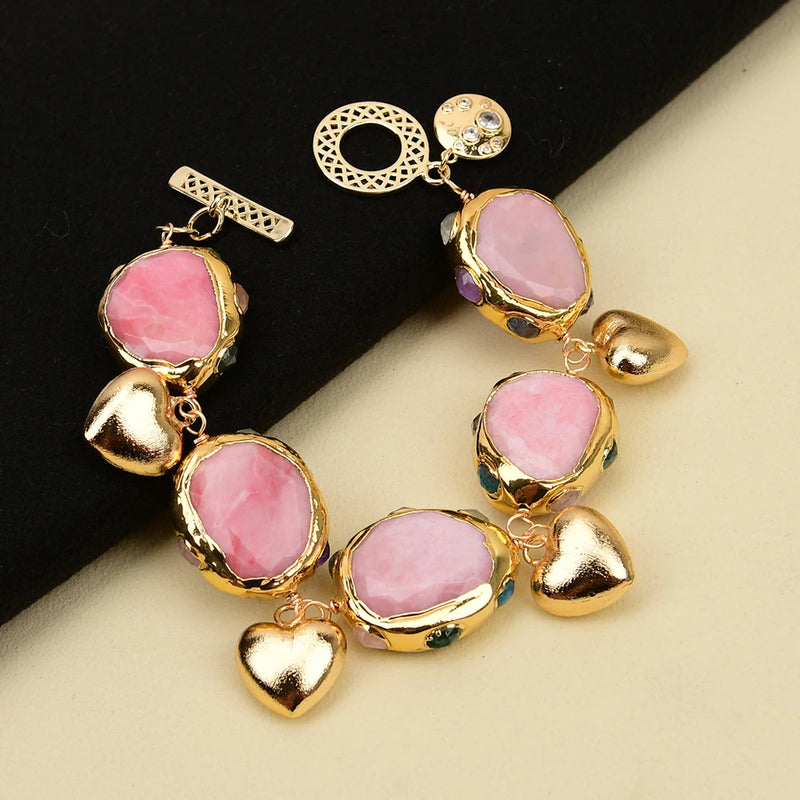 Gold Plated Multi Quartz Rhodochrosite Heart Charms Bracelet for Women