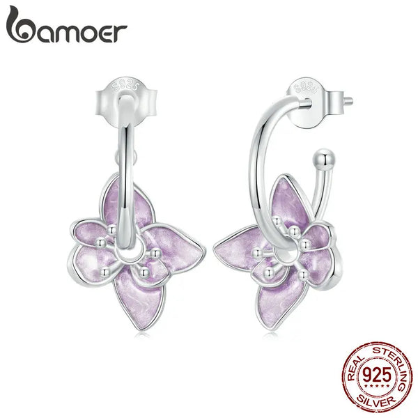 Sterling Silver Purple Flower Hoop Earrings for Women.