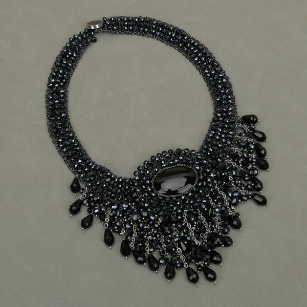 Sterling Silver 18" Braided Black Crystal Choker Necklace for Her.