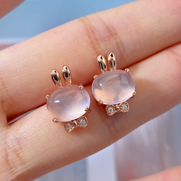 Sterling Silver Rose Gold Plated Pink Rose Quartz Stud Earrings for Women