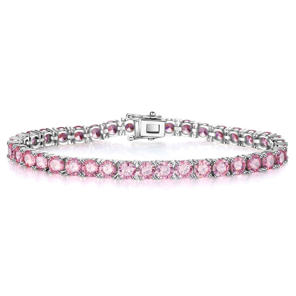 Wong Rain New In Solid 925 Sterling Silver 5MM Lab Pink Sapphire Gemstone Tennis Chain Bracelets Fine Jewelry Christmas Gift