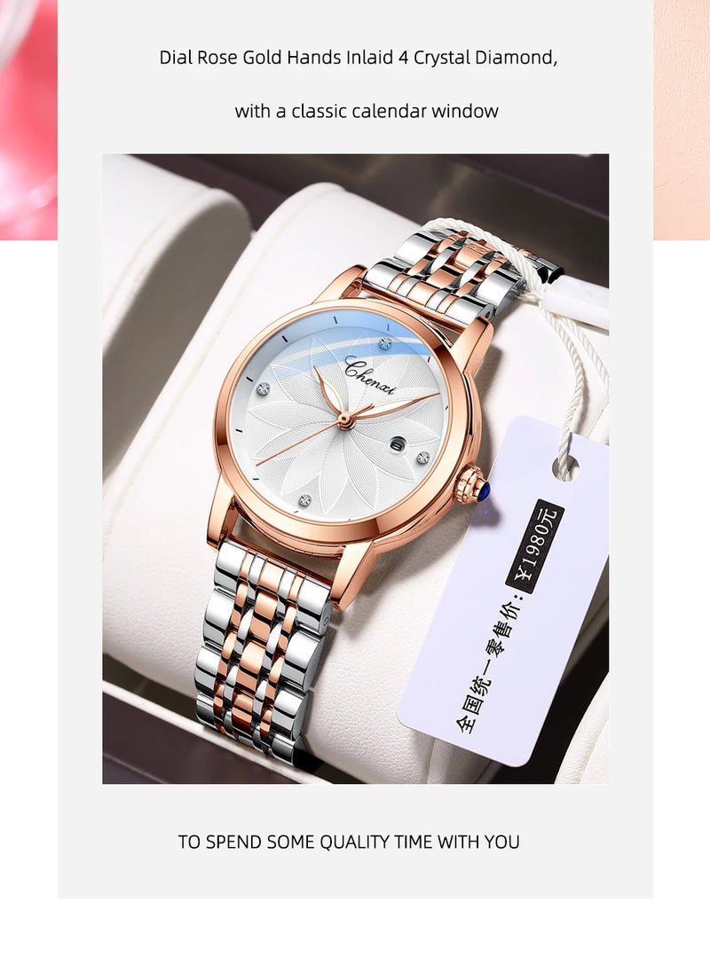 Stainless Steel Quartz Women's Watch with Flower Dial