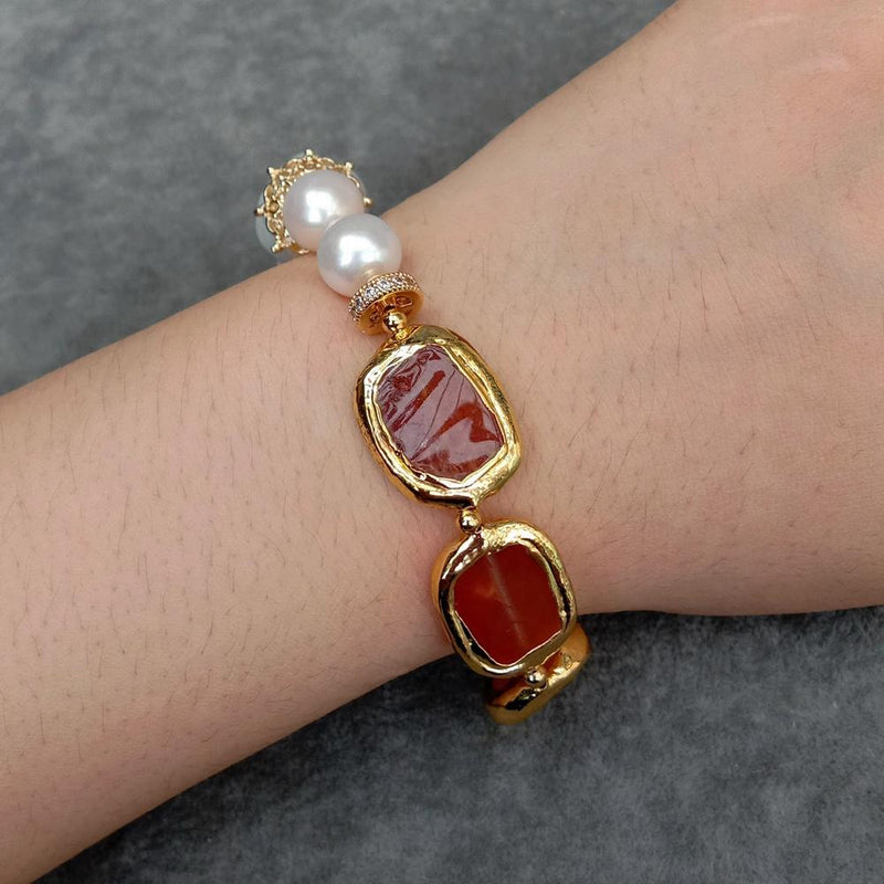 Silver Freshwater Cultured Pearl & Carnelian Charm Bracelet